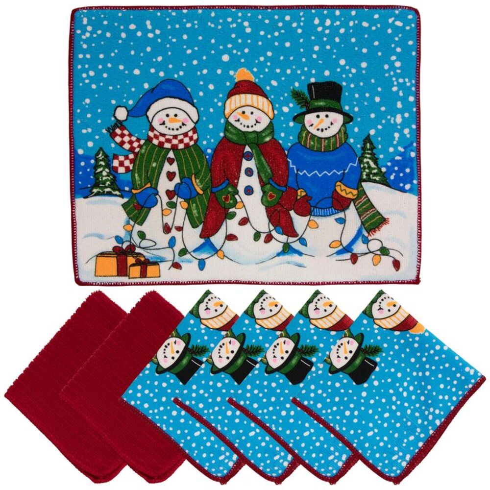 Snowman Friends 7-Piece Kitchen Dishcloth Set with Drying Mat